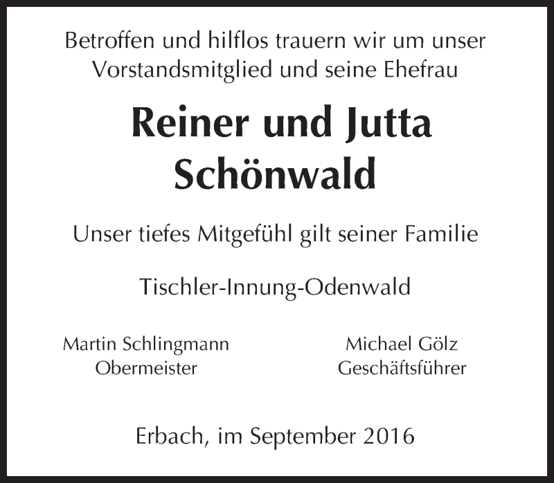  Traueranzeige für Reiner und Jutta Schönwald vom 17.09.2016 aus Trauerportal Echo Online