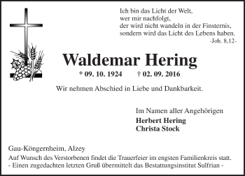 Traueranzeige von Waldemar Hering von Trauerportal Rhein Main Presse