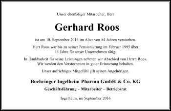Traueranzeige von Gerhard Roos von Trauerportal Rhein Main Presse