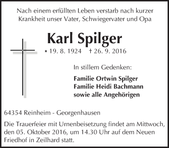 Traueranzeige von Karl Spilger von Trauerportal Echo Online