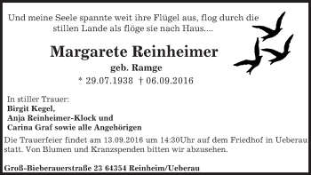 Traueranzeige von Margarete Reinheimer von Trauerportal Echo Online