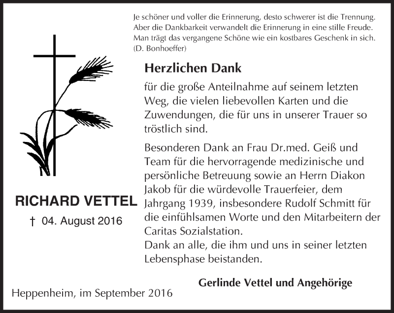  Traueranzeige für Richard Vettel vom 03.09.2016 aus Trauerportal Echo Online