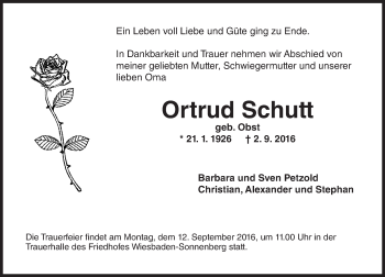Traueranzeige von Ortrud Schutt von Trauerportal Rhein Main Presse