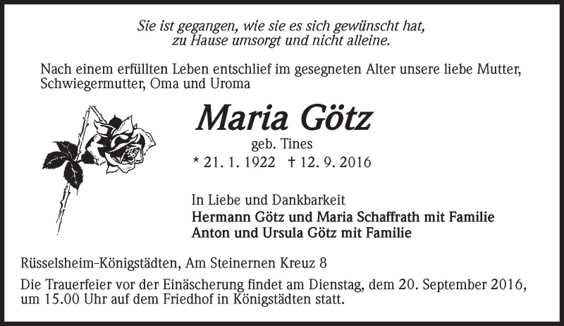  Traueranzeige für Maria Götz vom 17.09.2016 aus Trauerportal Echo Online