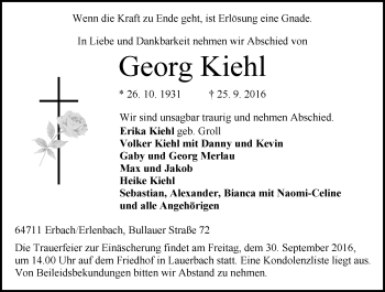 Traueranzeige von Georg Kiehl von Trauerportal Echo Online