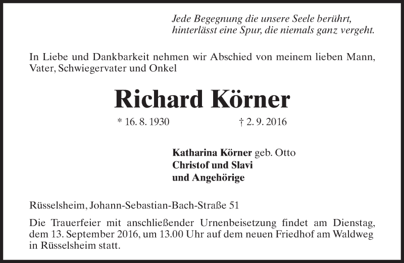  Traueranzeige für Richard Körner vom 10.09.2016 aus Trauerportal Rhein Main Presse