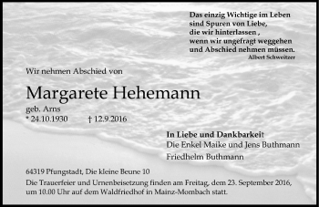 Traueranzeige von Margarete Hehemann von Trauerportal Echo Online