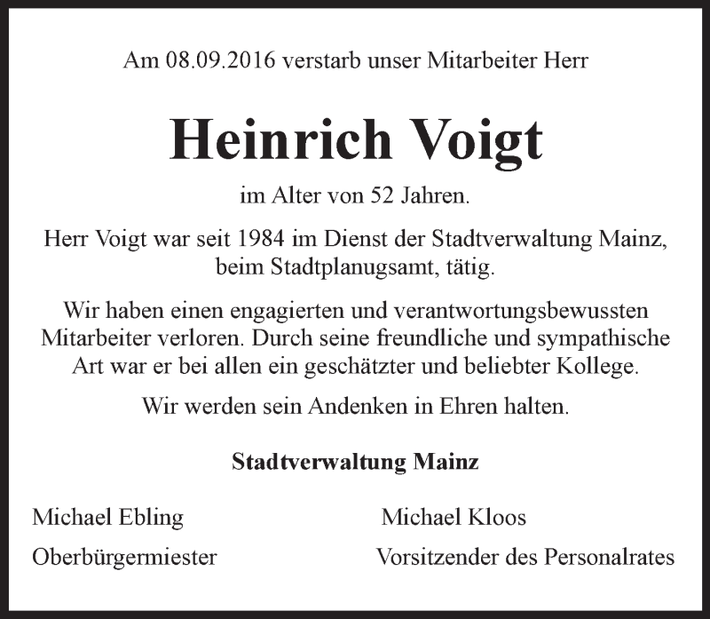  Traueranzeige für Heinrich Voigt vom 13.09.2016 aus Trauerportal Rhein Main Presse
