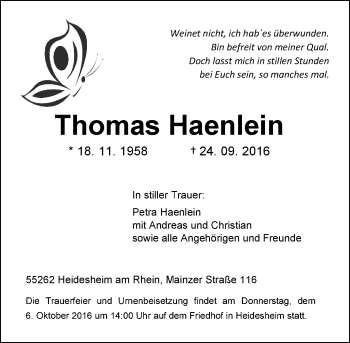 Traueranzeige von Thomas Haenlein von Trauerportal Rhein Main Presse
