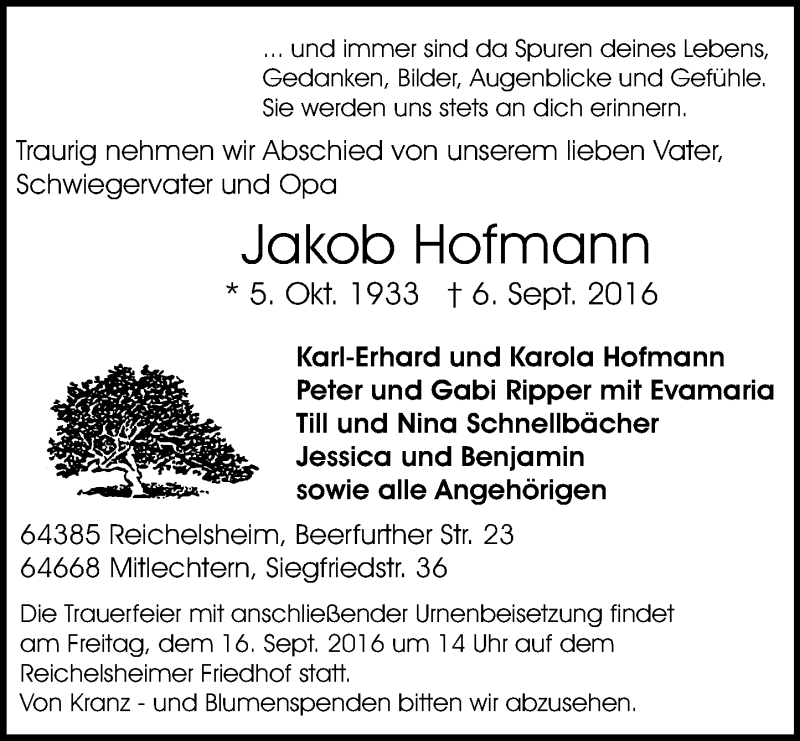  Traueranzeige für Jakob Hofmann vom 14.09.2016 aus Trauerportal Echo Online
