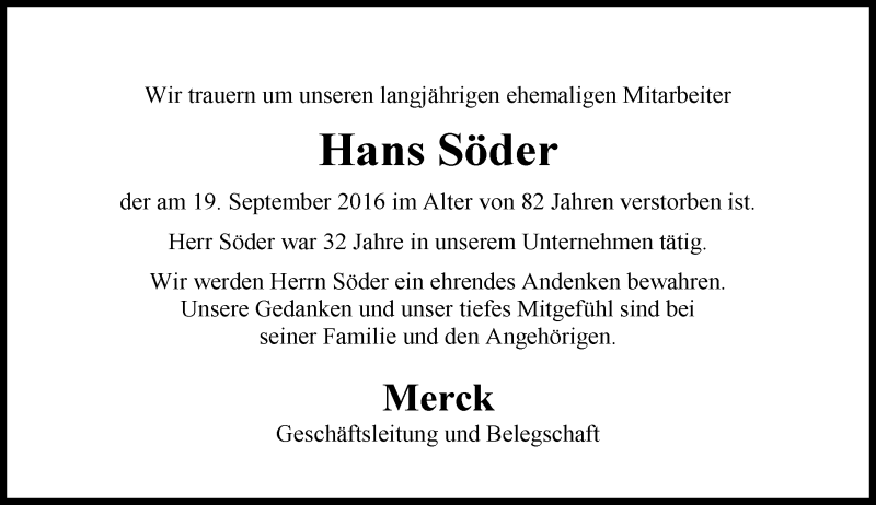  Traueranzeige für Hans Söder vom 23.09.2016 aus Trauerportal Echo Online