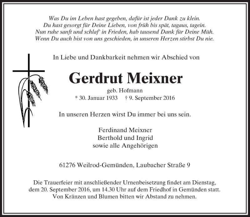  Traueranzeige für Gerdrut Meixner vom 14.09.2016 aus  Usinger Anzeiger
