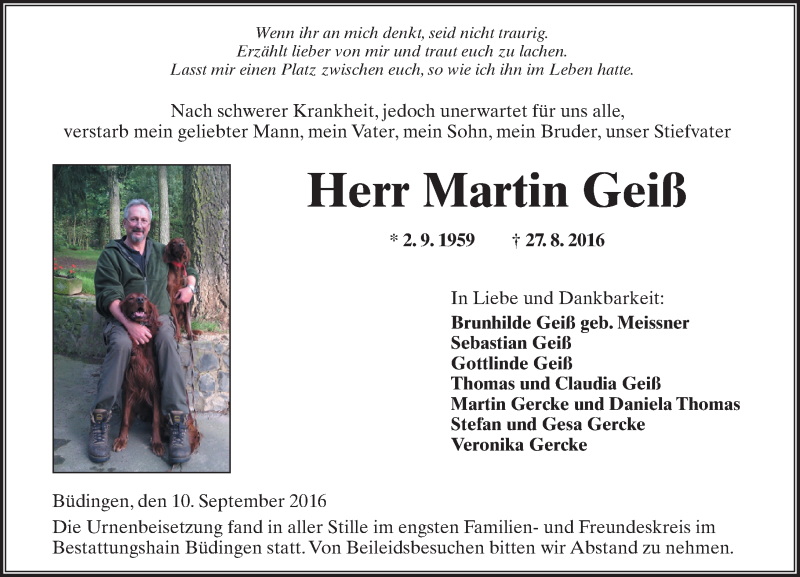 Traueranzeige für Martin Geiß vom 10.09.2016 aus  Kreisanzeiger