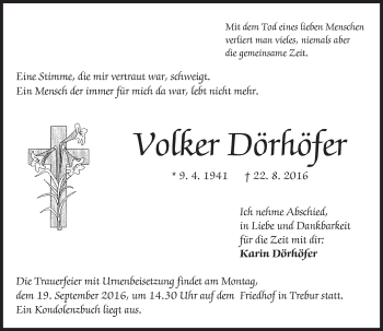 Traueranzeige von Volker Dörhöfer von Trauerportal Echo Online