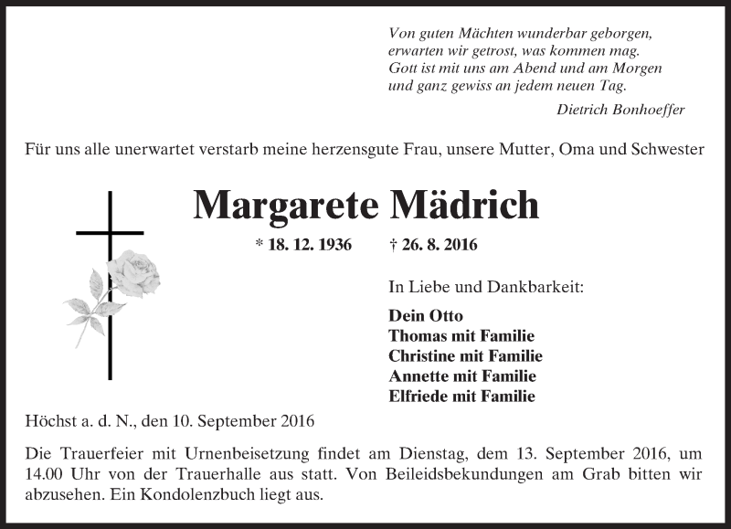  Traueranzeige für Margarete Mädrich vom 10.09.2016 aus  Kreisanzeiger