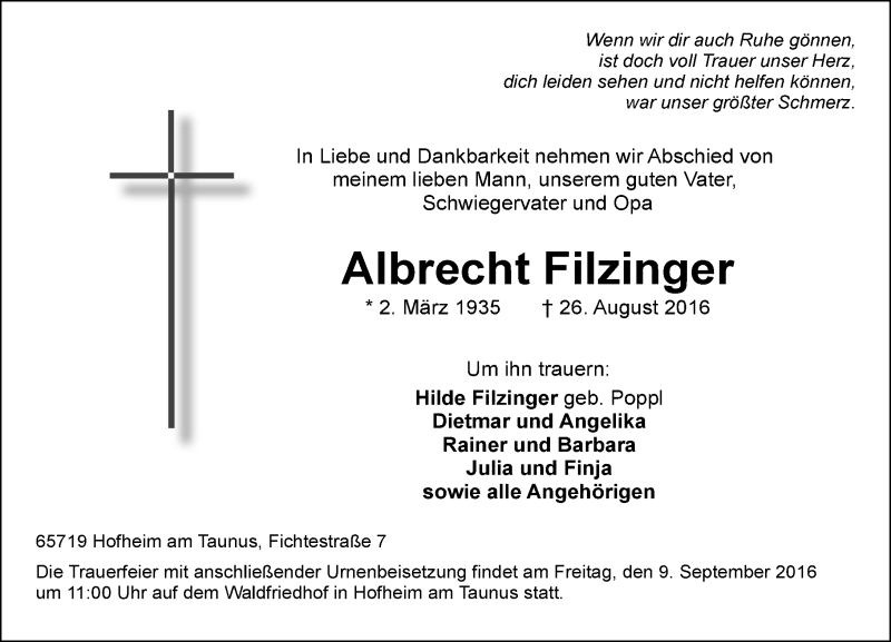 Traueranzeige für Albrecht Filzinger vom 02.09.2016 aus Trauerportal Rhein Main Presse
