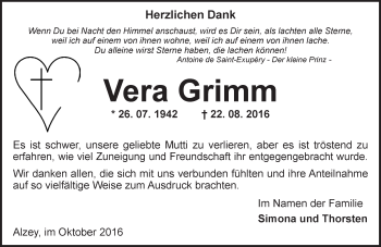 Traueranzeige von Vera Grimm von Trauerportal Rhein Main Presse