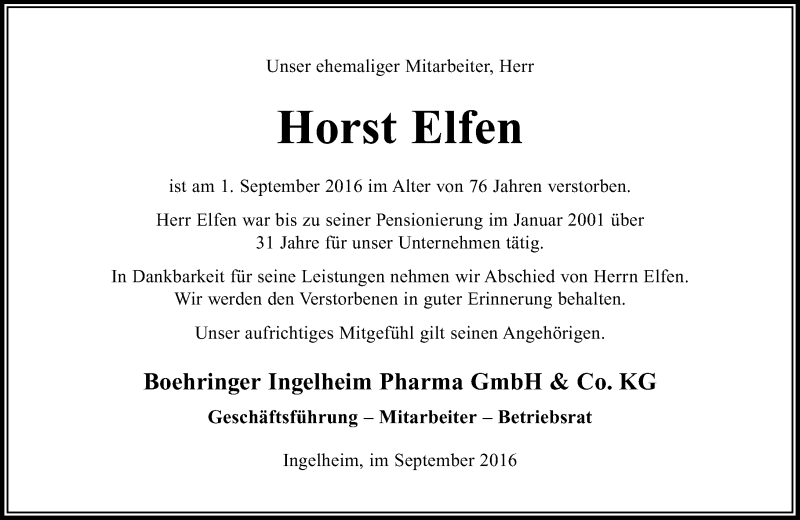  Traueranzeige für Horst Elfen vom 21.09.2016 aus Trauerportal Rhein Main Presse