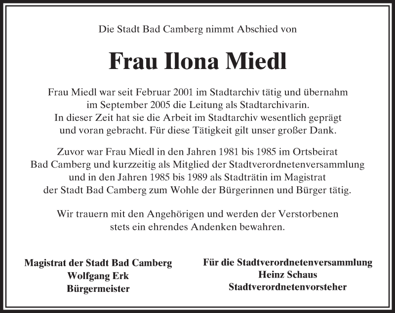  Traueranzeige für Ilona Miedl vom 08.09.2016 aus  Camberger Anzeiger