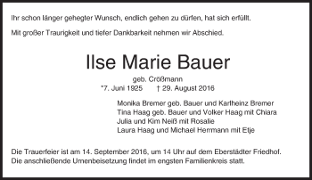 Traueranzeige von Ilse Marie Bauer von Trauerportal Echo Online