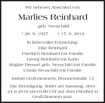 Traueranzeige von Marlies Reinhard von Trauerportal Echo Online