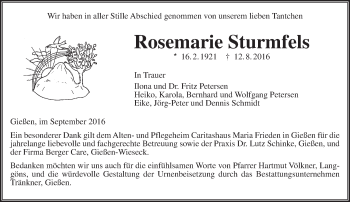 Traueranzeige von Rosemarie Sturmfeld von  Gießener Anzeiger
