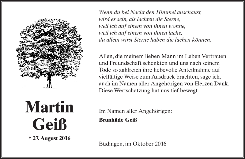  Traueranzeige für Martin Geiß vom 01.10.2016 aus  Kreisanzeiger