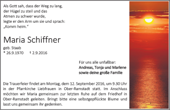 Traueranzeige von Maria Schiffner von Trauerportal Echo Online