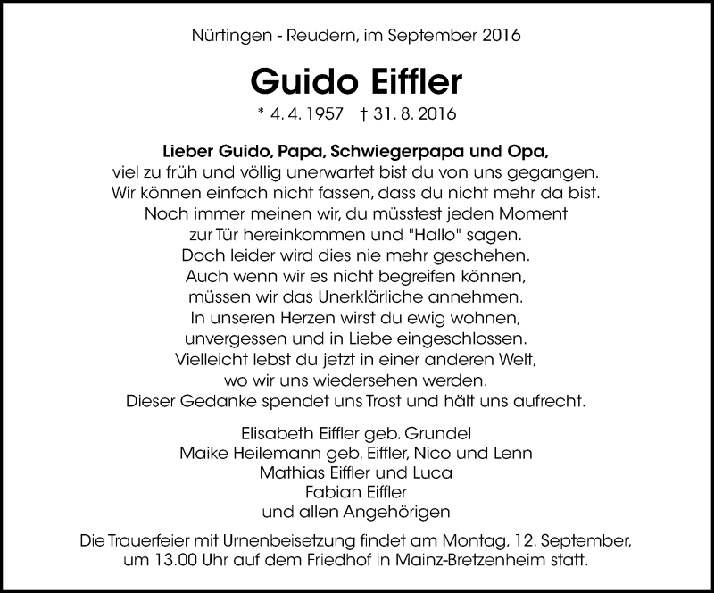  Traueranzeige für Guido Eiffler vom 10.09.2016 aus Trauerportal Rhein Main Presse