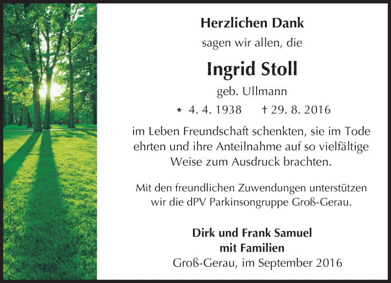  Traueranzeige für Ingrid Stoll vom 10.09.2016 aus Trauerportal Echo Online
