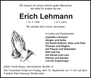 Traueranzeige von Erich Lehmann von Trauerportal Echo Online