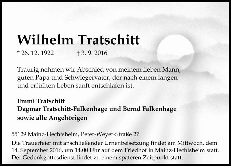  Traueranzeige für Wilhelm Tratschitt vom 10.09.2016 aus Trauerportal Rhein Main Presse