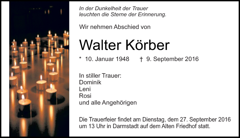  Traueranzeige für Walter Körber vom 17.09.2016 aus Trauerportal Echo Online