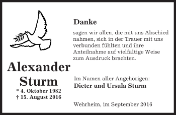 Traueranzeige von Alexander Sturm von  Usinger Anzeiger