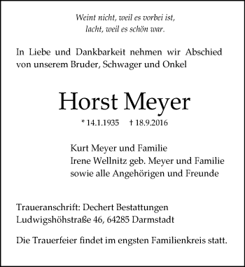 Traueranzeige von Horst Meyer von Trauerportal Echo Online