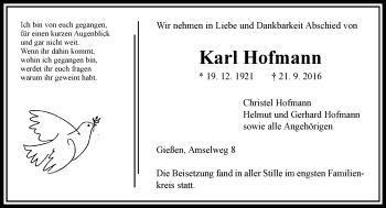 Traueranzeige von Karl Hofmann von  Gießener Anzeiger