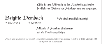 Traueranzeige von Brigitte Dembach von Trauerportal Rhein Main Presse
