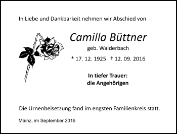 Traueranzeige von Camilla Büttner von Trauerportal Rhein Main Presse