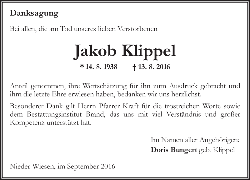  Traueranzeige für Jakob Klippel vom 17.09.2016 aus Trauerportal Rhein Main Presse