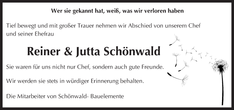  Traueranzeige für Reiner und Jutta Schönwald vom 21.09.2016 aus Trauerportal Echo Online