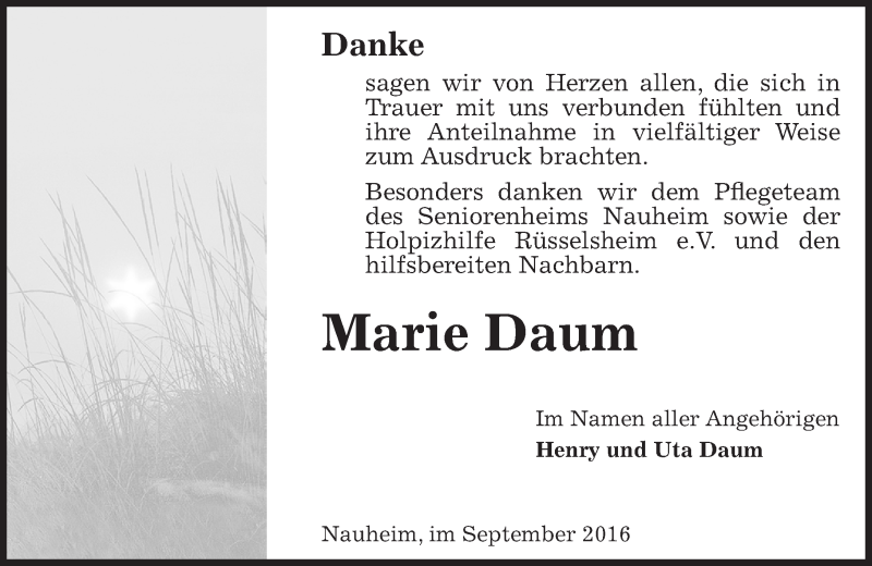  Traueranzeige für Marie Daum vom 17.09.2016 aus Trauerportal Echo Online