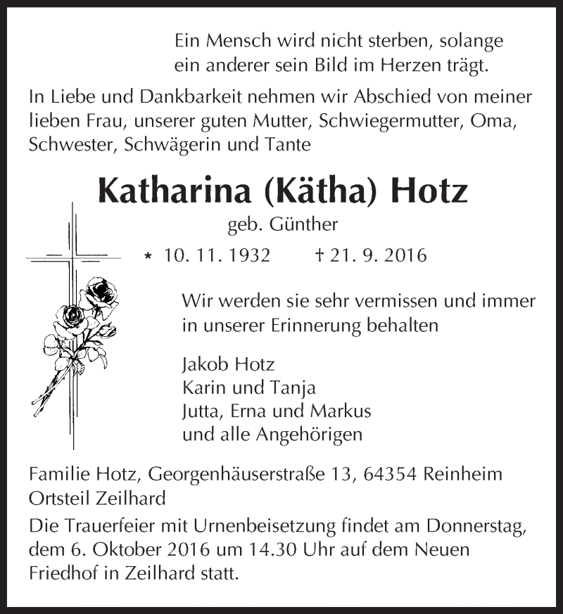  Traueranzeige für Katharina Hotz vom 28.09.2016 aus Trauerportal Echo Online