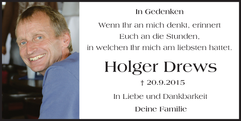  Traueranzeige für Holger Drews vom 20.09.2016 aus Trauerportal Echo Online