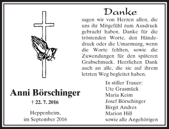 Traueranzeige von Anni Börschinger von Trauerportal Rhein Main Presse