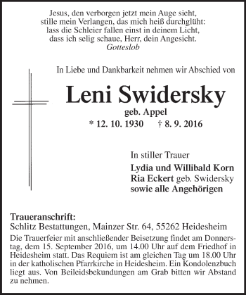 Traueranzeige von Leni Swidersky von Trauerportal Rhein Main Presse
