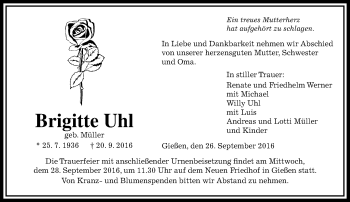 Traueranzeige von Brigitte Uhl von  Gießener Anzeiger