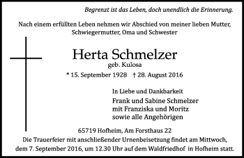 Traueranzeige von Herta Schmelzer von Trauerportal Rhein Main Presse