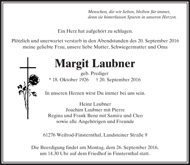  Traueranzeige für Margit Laubner vom 23.09.2016 aus  Usinger Anzeiger