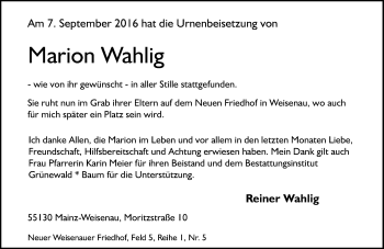 Traueranzeige von Marion Wahlig von Trauerportal Rhein Main Presse
