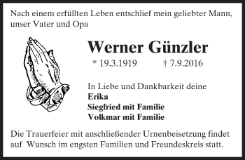 Traueranzeige von Werner Günzler von Trauerportal Echo Online
